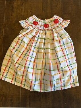 White Plaid Smocked Dress with Red Apple Embroidery